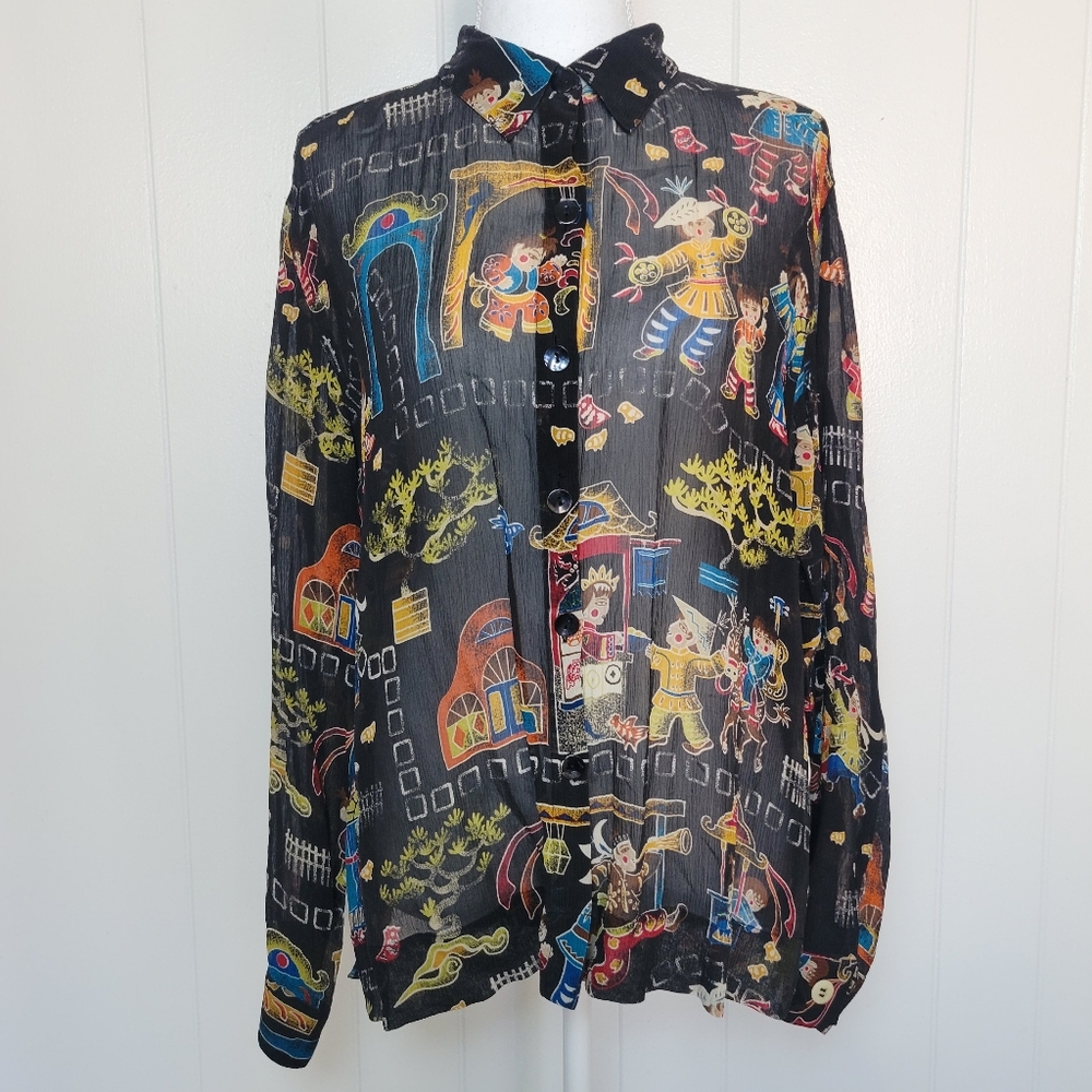 Chico's Silk Button Up Blouse Sheer Long Sleeve Bonsai Tree Asian 90s Vintage M
